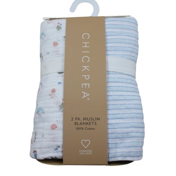 Chick Pea Muslin Baby Swaddle Blanket Set Ocean Sea Life Blue Striped NWT RARE - Picture 1 of 5